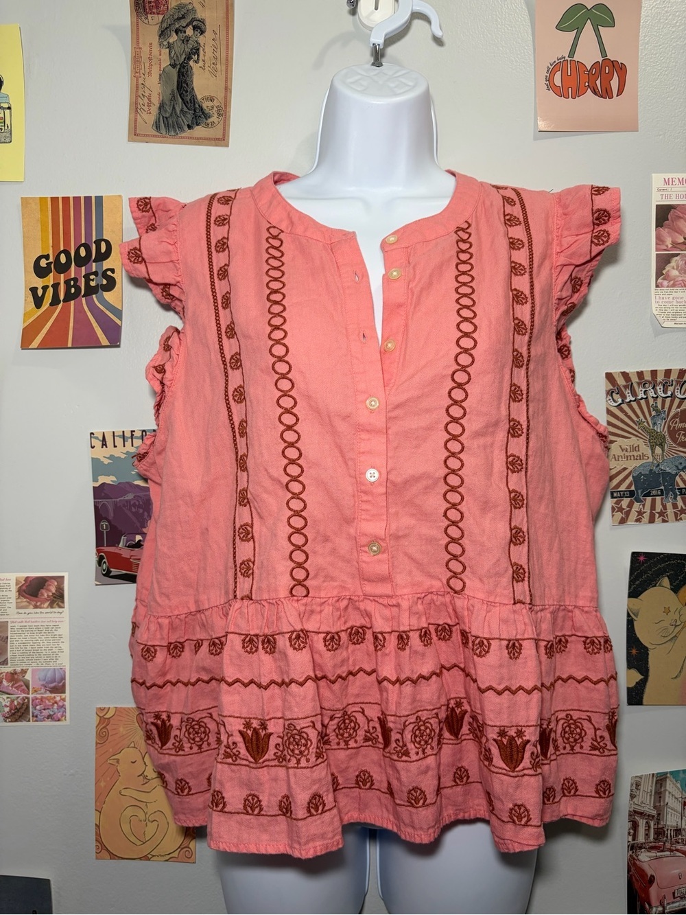 LOFT Coral Embroidered Ruffle Button-Front Tunic
